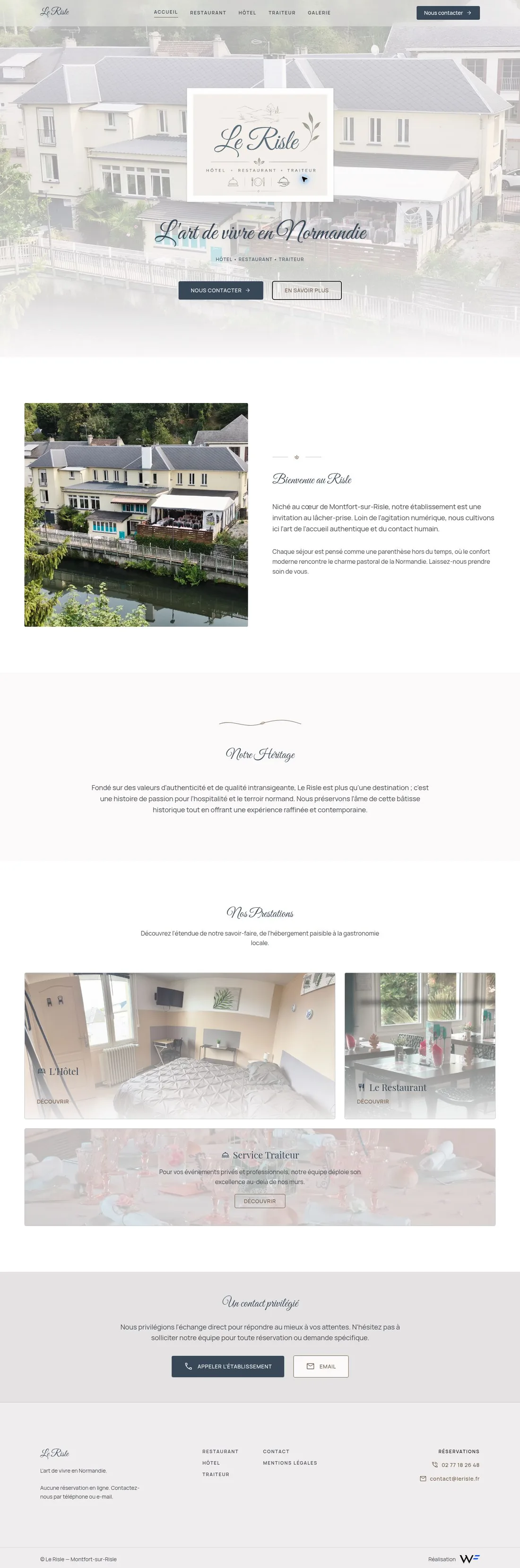 Capture complète de l’accueil du Risle : présentation, hôtel, restaurant, traiteur et contact